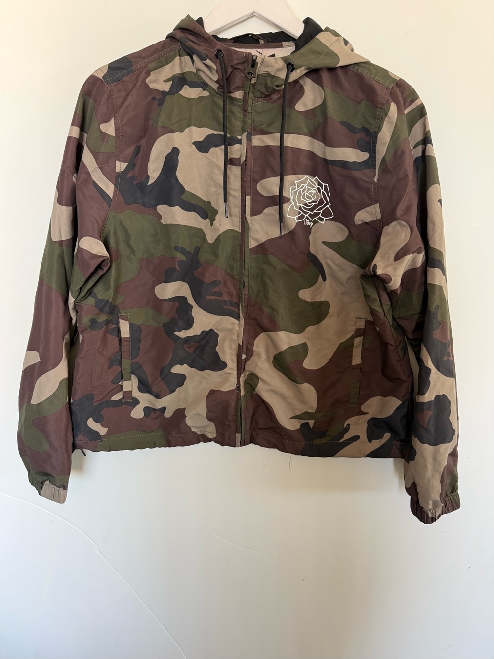 Obey Mira Rosa Hooded Green Brown Camouflage Lightweight Jacket SZ M